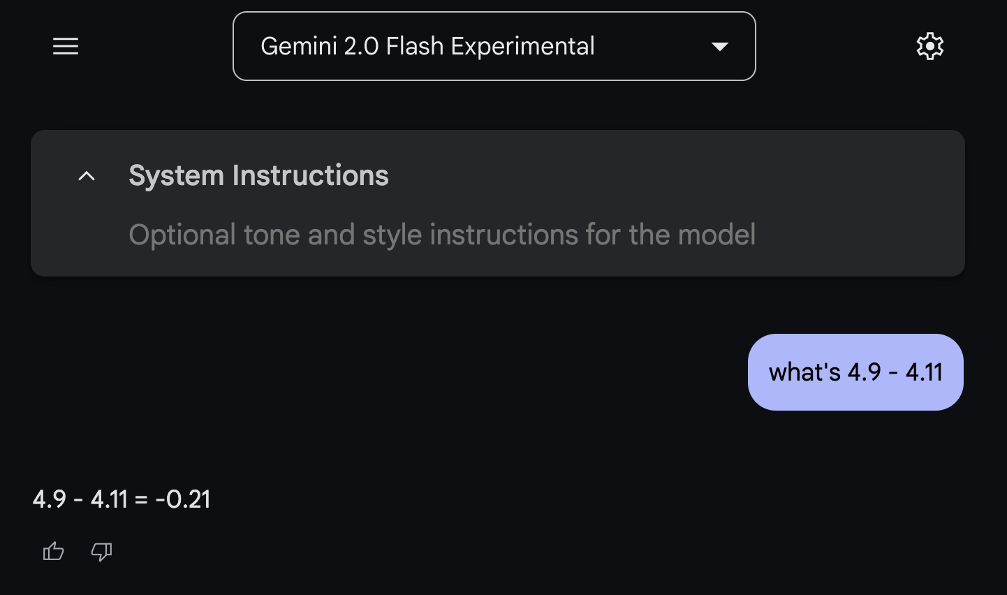 Gemini 2.0 Flash thinks 4.9 - 4.11 = -0.21
