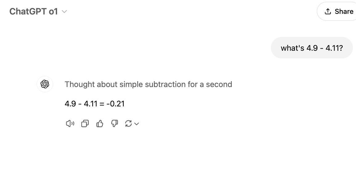 OpenAI o1 thinks 4.9 - 4.11 = -0.21 as well